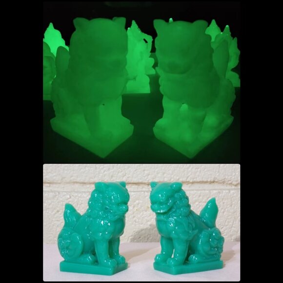 CHINESE FU LION DOGS*GLOW in the DARK*STATUE PAIR-Jade Color Resin-Foo-Guardians - Picture 1 of 9